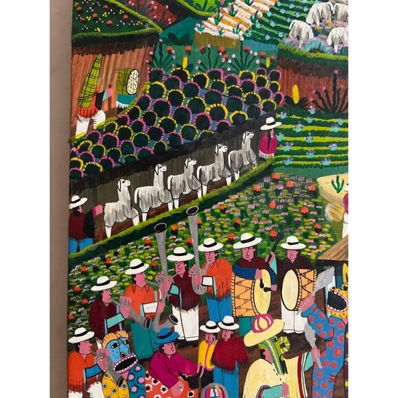 Vintage Alberto Vega Peruvian Folk Art Animal Hide Painting Bright Mid Century - Picture 7 of 11